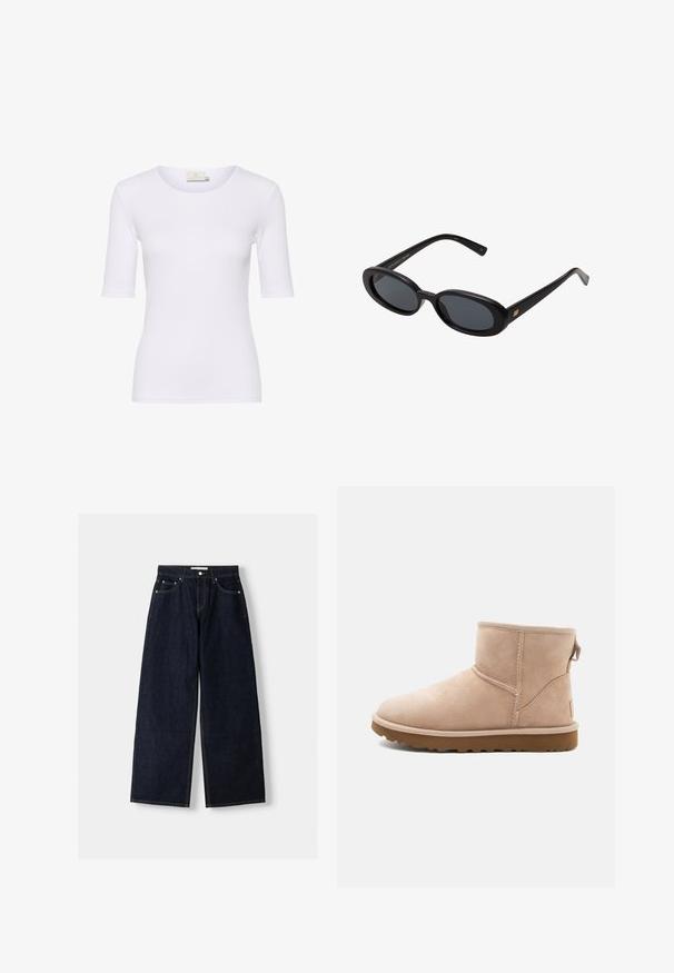 Beige Trenchcoat aus Baumwollmischung mit doppelter Knopfleiste, breiten Revers, tailliertem Gürtel und zwei seitlichen Taschen.; Weißes tailliertes T-Shirt aus glattem Stoff, mit rundem Ausschnitt und kurzen Ärmeln, ohne sichtbare Muster oder Akzente.; Dunkelblaue, weite Jeans mit hoher Taille, fünf Taschen, Kontrastnähten und silbernem Metallzubehör. Glatte Textur und saubere Verarbeitung.; Beige Wildleder-Ankle Boot mit runder Zehenform, gesteppten Akzenten und einer strukturierten braunen Gummisohle. Mit einem Zugband an der Rückseite.; Schwarze, oversized Sonnenbrillen mit ovalen Gläsern, glattem Kunststoffrahmen und goldenen Akzenten an den Bügeln. Die dunklen Gläser bieten Sonnenschutz.