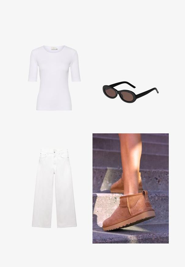 Beige trench coat made of cotton blend, featuring double-breasted button closure, wide lapels, belted waist, and two side pockets.; White fitted t-shirt made of smooth fabric, features a round neckline and short sleeves, with no visible patterns or accents.; White wide-leg jeans made of cotton, featuring a high waist, five-pocket design, and brass hardware accents. Smooth, non-distressed texture.; Tan suede ankle boots with a soft texture, stitched detailing, and a rubber sole, featuring a looped heel for easy wear.; Black oval sunglasses with brown tinted lenses. Features thick plastic frames and slender, curved arms. Smooth texture throughout.; Brown woven leather handbag with a braided handle, rectangular shape, textured surface, and seamless construction.