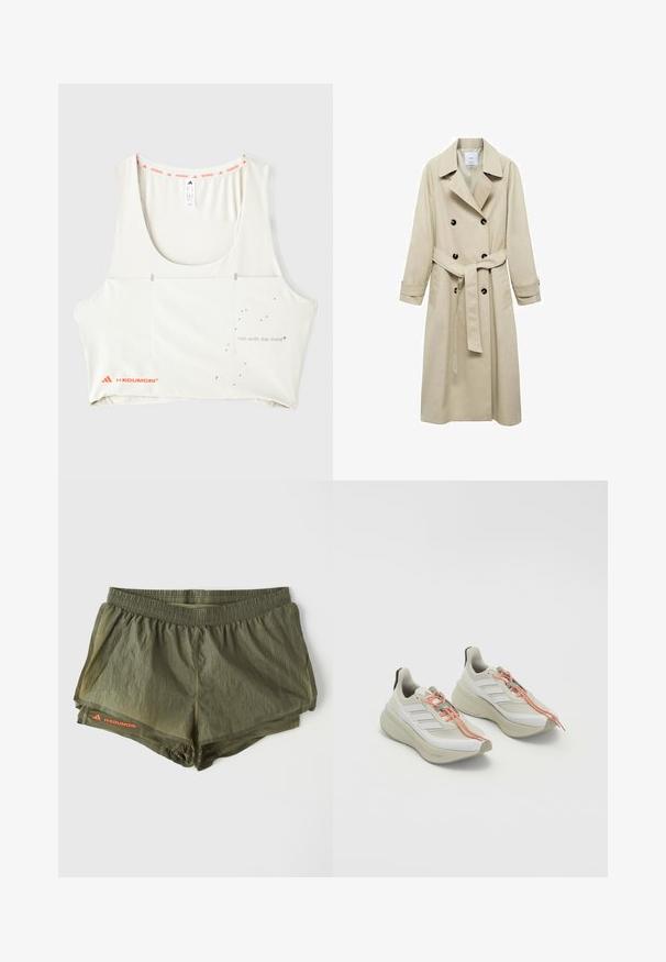 Bež trench plašč iz mešanice bombaža, s podvojeno zaponko, širokimi ovratniki, pasom z obljubo in dvema stranskima žepoma.; Bela atletska majica bez rukava s izrezom oblikovanim u obliku polukružnice, narandžasti brendirani rub i metalik ispisani tekst "trči s umom." Ima minimalističke dizajnerske elemente.; Olive zelene športne hlače z elastičnim pasom, notranjo oblogo, perforiranimi stranskimi paneli in rdečim logotipom.; Svetle športne čevlje z belim teksturiranim zgornjim delom, oranžnimi vezalkami in debelim, oblazinjenim podplatom. Tri črte na strani.