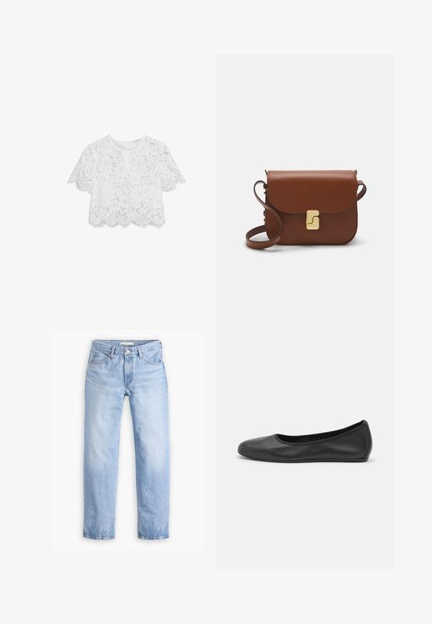 Beige Trenchcoat aus Baumwollmischung mit doppelter Knopfleiste, breiten Revers, tailliertem Gürtel und zwei seitlichen Taschen.; Weißes Spitzen-Crop-Top mit kurzen Ärmeln, Blumenmuster, gewelltem Saum und einer subtilen strukturierten Optik. Mit einem Reißverschlussverschluss im Rücken.; Hellblaue Jeans aus Denim mit geradem Bein, fünf Taschen und einem mittelhohen Bund. Sie verfügen über eine ausgewaschene Textur und einen gesteppten Saum.; Schwarze Leder-Ballettschuhe mit abgerundeter Spitze, glatter Textur, minimalen Nähdetails und einem flexiblen Sohlen-Design.; Braune Ledertasche mit Klappenverschluss, Beschlägen in Goldfarbe, einem Schultergurt und einer glatten Oberfläche. Kompakte rechteckige Form.