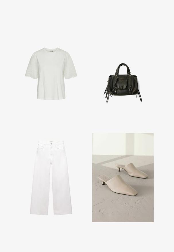 Béžový trenčkot vyrobený z bavlnenej zmesi, s dvojradovým zapínaním na gombíky, širokými klopami, opaskom v páse a dvoma bočnými vreckami.; Biela bavlnená tričko s krátkymi, nariasenými rukávmi, ktoré obsahuje vyšívané kvetinové vzory a dierkované detaily na rukávoch. Štandardný strih okrúhleho výstrihu.; Biele široké džínsy vyrobené z bavlny, s vysokým pásom, piatimi vreckami a mosadznými doplnkami. Hladká, nedotknutá textúra.; Béžové kožené mule s špicatou špičkou a nízkým čiernym podpätkom. Hladký povrch, ľahko obúvateľný dizajn, minimalistická silueta, žiadne viditeľné vzory.; Čierna kožená kabelka s vrkočovými uchami, zipsovou kapsou a zavesenými strapcami. Textúrovaný povrch s kovovými cvokmi a akcentmi z kovu.