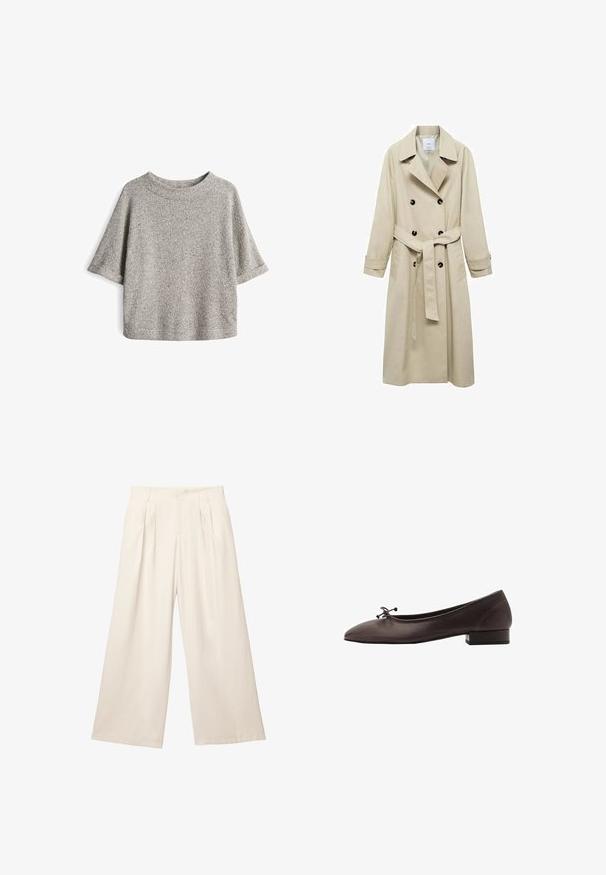Beige trenchcoat van katoenmix, met een dubbele knoopsluiting, brede revers, een ceintuur in de taille en twee zijzakken.; Grijze top met korte mouwen, gemaakt van textuur gebreide stof. De top heeft een losse pasvorm en een ronde halslijn, met subtiele gesprenkelde details doorheen.; Lange broek met wijde pijpen in een lichtbeige kleur, gemaakt van een zachte, gestructureerde stof. Heeft voorplooien en een elastische tailleband voor een comfortabele pasvorm.; Bruine leren balletschoen met een ronde neus en een kleine blokhak. Kenmerkt zich door een dunne strik aan de voorkant en subtiele stikdetails.