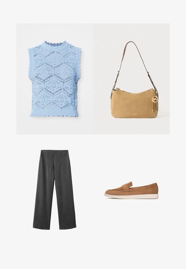 Beżowy płaszcz trench z mieszanki bawełny, z podwójnym zapięciem na guziki, szerokimi klapami, paskiem w talii i dwiema kieszeniami po bokach.; Jasnoniebieski, dziany bezrękawnik z heksagonalnym wzorem, falbaniastymi brzegami i wysokim dekoltem z cienkim prążkowaniem.; Szerokie spodnie wykonane z ciemnoszarej tkaniny o gładkiej fakturze. Posiadają średni stan i brak widocznych zapięć lub ozdób.; Brązowy zamszowy but wsuwany na płaskiej podeszwie, z szerokim paskiem z przodu oraz gładkim, minimalistycznym wzornictwem.; Beżowa zamszowa torebka na ramię o zaokrąglonym kształcie, ze złotymi elementami i zamkiem błyskawicznym. Posiada dołączony charms z inicjałami "MK."