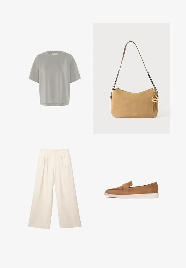 Beige trenchcoat lavet af bomuldsblanding, med dobbeltknaplukning, brede klapper, bæltestrop i taljen og to sidelommer.; My Essential Wardrobe HELLE EMB BOXY - T-shirts basic - moon mist; Løse bukser i en lys beige farve med et blødt, tekstureret stof. Har fremadskuende folder og en elastisk talje for en afslappet pasform.; Brune ruskind slip-on sko med en flad sål, som har en bred remdetalje foran og et glat, minimalistisk design.; Tan ruskinds skuldertaske med en buet form, guldhardware og lynlåslukning. Har et vedhæftet charme med initialerne "MK."