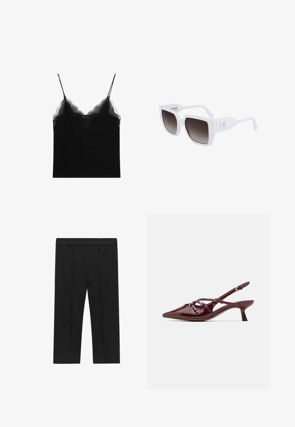 Beżowy płaszcz trench z mieszanki bawełny, z podwójnym zapięciem na guziki, szerokimi klapami, paskiem w talii i dwiema kieszeniami po bokach.; Czarna koszulka na ramiączkach z koronkowym wykończeniem, z cienkimi regulowanymi ramiączkami. Miękka tkanina o gładkiej teksturze i dopasowanym kroju.; STOCKH LM Studio KAYLA czarny; Burgundowe lakierowane buty na obcasie typu slingback z ostro zakończonym noskiem, małym obcasem, dekoracyjnymi detalami na paskach i błyszczącym wykończeniem.; Białe oversize'owe okulary przeciwsłoneczne o matowym wykończeniu, gradientowe ciemnoszare soczewki oraz charakterystyczne logo na boku zauszników.
