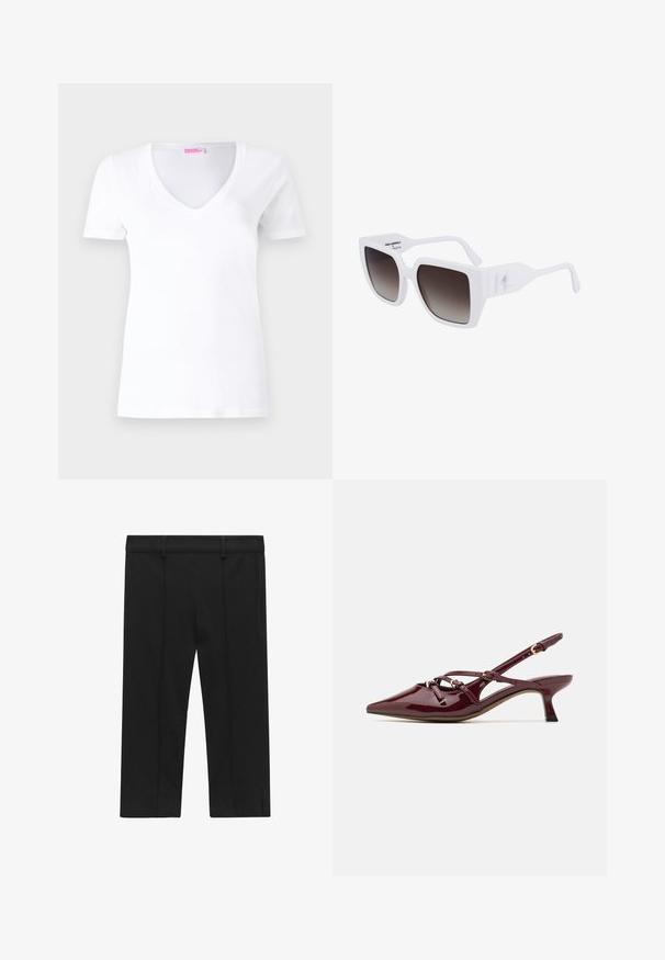 Beige trenchcoat van katoenmix, met een dubbele knoopsluiting, brede revers, een ceintuur in de taille en twee zijzakken.; Witte katoenen T-shirt met V-hals, korte mouwen en een slim fit. Het label aan de halslijn zegt "FROM FUTURE" in het roze.; STOCKH LM Studio KAYLA CAPRI - Shorts - black; Bordeaux patent leren slingback schoen met een puntige neus, een kleine hak, decoratieve banddetails en een glanzende afwerking.; Witte oversized zonnebril met een matte afwerking, gradiënt donkergrijze lenzen, en een kenmerkend logo aan de zijkant van de pootjes.