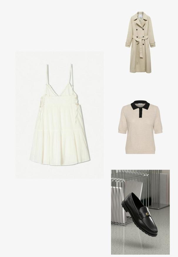 Beżowy płaszcz trench z mieszanki bawełny, z podwójnym zapięciem na guziki, szerokimi klapami, paskiem w talii i dwiema kieszeniami po bokach.; Beżowy sweter polo z krótkim rękawem i czarnym kołnierzykiem, z zapięciem na guziki i teksturowanym wzorem dzianiny.; Biała, bezrękawnikowa sukienka z regulowanymi ramiączkami spaghetti, z fakturowanej tkaniny i warstwowymi falbanami na dole. Szczegółowe akcenty z szydełkowanej koronki przy dekolcie.; Czarne skórzane mokasyny z podniesionym szwem, złotym logo akcentującym i teksturowanym paskiem. Posiadają grubą, trwałą gumową podeszwę.; Czarna skórzana torebka o zaokrąglonym kształcie, z krótkim uchwytem, złotymi elementami i zamkiem błyskawicznym u góry. Posiada akcent z logo z przodu.