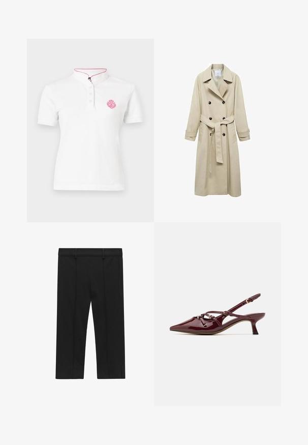 Beige trenchcoat lavet af bomuldsblanding, med dobbeltknaplukning, brede klapper, bæltestrop i taljen og to sidelommer.; Hvid kortærmet polo skjorte med mandarin krave, tre-knaps placket og pink broderet logo detalje på brystet.; STOCKH LM Studio KAYLA CAPRI - Shorts - black; Bordeaux patentlæder slingback sko med spids tå, lille hæl, dekorative stropdetaljer og en blank finish.