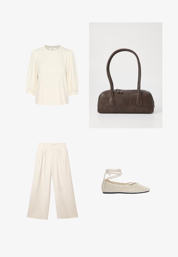Beżowy płaszcz trench z mieszanki bawełny, z podwójnym zapięciem na guziki, szerokimi klapami, paskiem w talii i dwiema kieszeniami po bokach.; Kremowa bluzka z krótkimi, bufkami rękawami, okrągłym dekoltem i luźnym krojem. Wykonana z miękkiego materiału, idealna na codzienne noszenie.; Spodnie o szerokich nogawkach w jasnym beżowym kolorze z miękkiej, teksturowanej tkaniny. Posiadają plisowane przody oraz elastyczny pas dla luźnego kroju.; Beżowe plecione baleriny z zaostrzonym noskiem, płaską podeszwą i oplatającymi sznurówkami. Faktura jest ażurowa, z gładką podszewką wewnętrzną.; Brązowa skórzana torebka na ramię z dwoma solidnymi uchwytami, prostokątny kształt, gładka faktura i zamek błyskawiczny. Minimalistyczny design bez widocznych wzorów.; Błyszczący beżowy bransoletka wykonana z gładkiej żywicy. Zaokrąglony kształt o jednolitej powierzchni i małe złote logo wewnątrz.