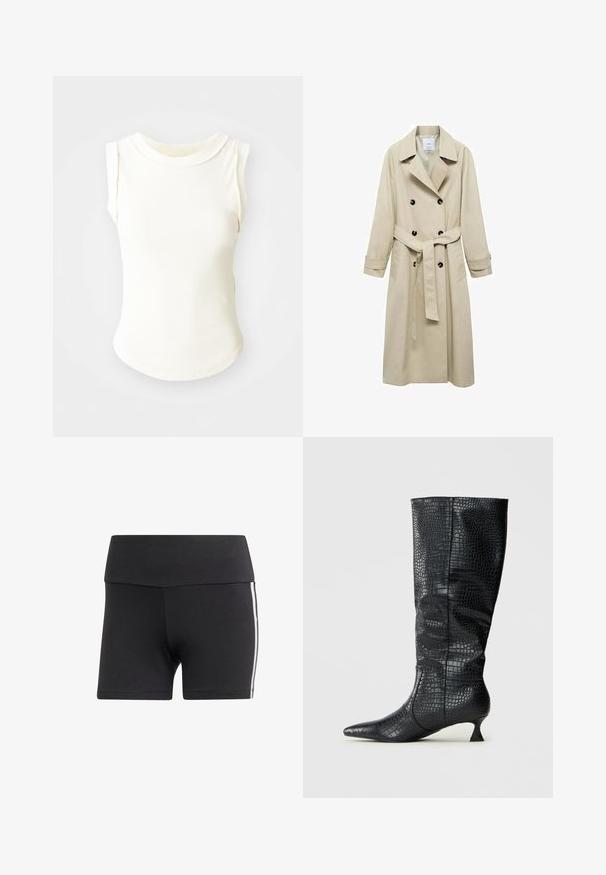 Beżowy płaszcz trench z mieszanki bawełny, z podwójnym zapięciem na guziki, szerokimi klapami, paskiem w talii i dwiema kieszeniami po bokach.; Biały, prążkowany top bez rękawów z okrągłym dekoltem, o gładkiej fakturze i bezszwowych bokach, zaprojektowany z myślą o dopasowanym kroju.; Czarne sportowe szorty z szerokim pasem, wykonane z elastycznego materiału. Posiadają białe paski po bokach oraz dopasowany krój.; Kozaki czarne z sztucznej skóry sięgające do kolan, z błyszczącą teksturą krokodyla, spiczastym noskiem i smukłym, kanciastym obcasem. Klasyczny design i elegancka sylwetka.