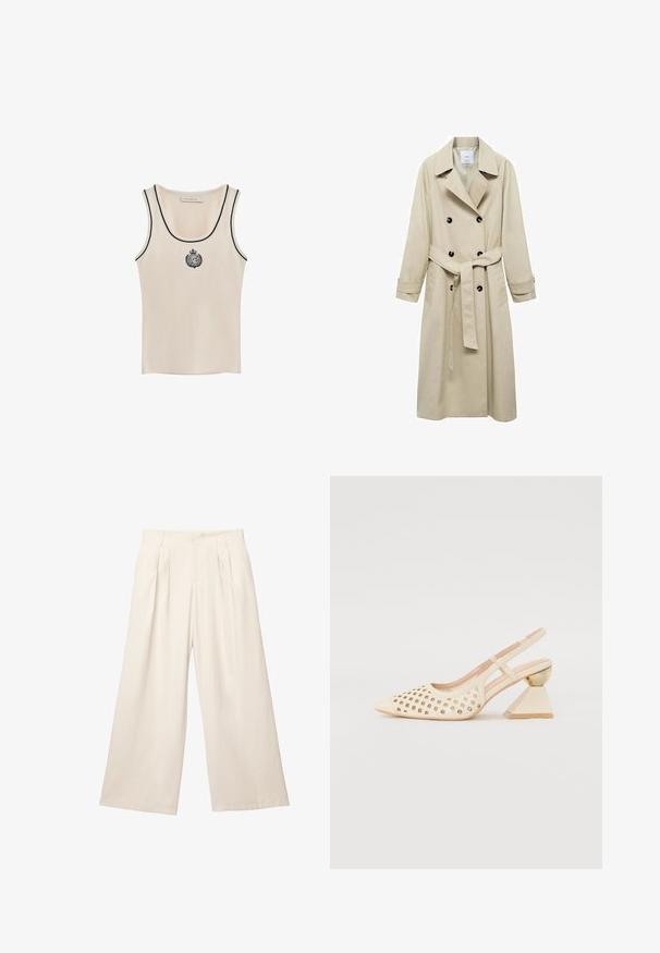 Beżowy płaszcz trench z mieszanki bawełny, z podwójnym zapięciem na guziki, szerokimi klapami, paskiem w talii i dwiema kieszeniami po bokach.; Beżowy top na ramiączkach z czarnymi wykończeniami oraz okrągłym haftowanym logo na środku. Wykonany z miękkiego, gładkiego materiału o dopasowanym kroju.; Spodnie o szerokich nogawkach w jasnym beżowym kolorze z miękkiej, teksturowanej tkaniny. Posiadają plisowane przody oraz elastyczny pas dla luźnego kroju.; Beżowe buty typu slingback z perforowaną cholewką, spiczastym noskiem i kontrastowym trójkątnym obcasem z złotym akcentem. Całość ma gładką fakturę.
