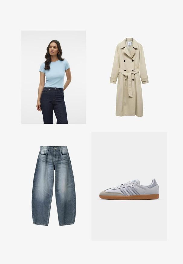 Bež trench plašč iz mešanice bombaža, s podvojeno zaponko, širokimi ovratniki, pasom z obljubo in dvema stranskima žepoma.; Svetlo modra rebrasta majica s kratkimi rokavi, okroglim izrezom in prilegačim dizajnom, kombinirana s temnimi visokim pasom.; Široke kavbojke iz svetlo modrega denima s postopnim zbledeljem, z zasnovo petih žepov, gumbom za zapiranje in minimalnimi podrobnostmi šivanja.; Beli usnjeni športni copati z svetlo modrimi poudarki, sivi semiš konice in rjavim gumijastim podplatom. Imajo tri modre črte in blagovno znamko "Samba".