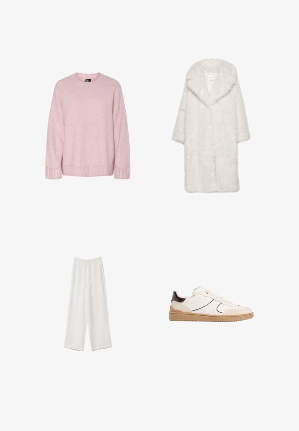 Weißer Kunstpelzmantel mit großem Kragen, dreiviertellangen Ärmeln und einer weichen, strukturierten Oberfläche. Verfügt über einen geraden Schnitt und ein offenes Frontdesign.; Hellrosa gestrickter Pullover mit rundem Ausschnitt, lockerem Sitz und gerippten Details an Bündchen und Saum. Weiche Textur mit dezentem Muster.; Weiße weit geschnittene Hose aus leichtem Stoff. Mit einem elastischen Bund und Kordelzug sowie Seitentaschen. Glatte Textur.; Stradivarius Sneaker low - white