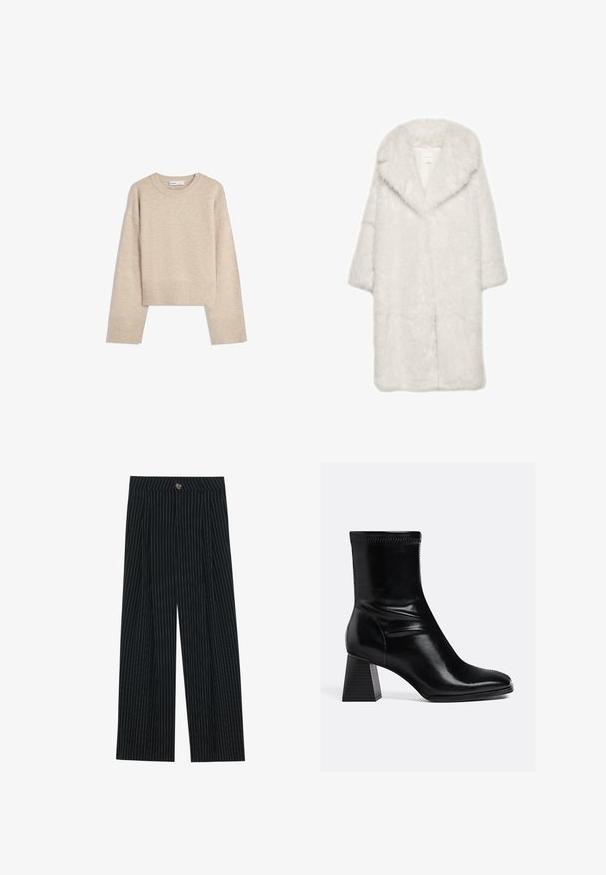 Weißer Kunstpelzmantel mit großem Kragen, dreiviertellangen Ärmeln und einer weichen, strukturierten Oberfläche. Verfügt über einen geraden Schnitt und ein offenes Frontdesign.; Beige Cropped-Pullover aus weichem Strickmaterial. Er hat einen runden Ausschnitt, lange Ärmel sowie gerippte Bündchen und Saum für zusätzliche Textur.; Schwarz gestreifte weit geschnittene Hosen aus strukturiertem Stoff, mit einem frontalen Knopfverschluss und gefaltetem Design für zusätzlichen Ausdruck.; Schwarze Leder-Stiefeletten mit glatter Oberfläche, quadratischer Spitze und strukturiertem Blockabsatz. Mit elastischem Knöchel-design und sichtbaren Nähten.