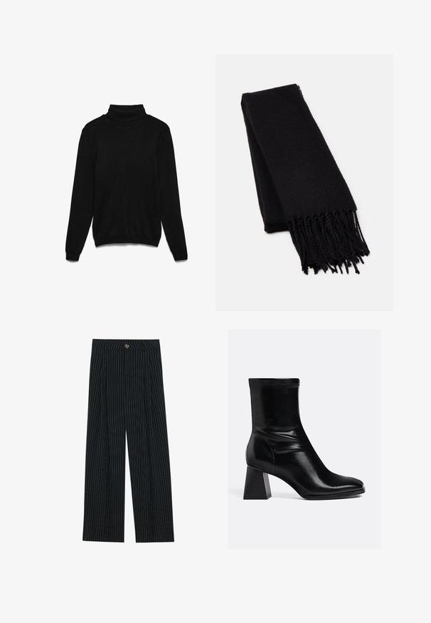 Weißer Kunstpelzmantel mit großem Kragen, dreiviertellangen Ärmeln und einer weichen, strukturierten Oberfläche. Verfügt über einen geraden Schnitt und ein offenes Frontdesign.; Schwarzer Rollkragenpullover aus Strickstoff. Verfügt über lange Ärmel, einen gerippten Kragen und eine lockere Passform. Keine sichtbaren Muster oder Akzente.; Schwarz gestreifte weit geschnittene Hosen aus strukturiertem Stoff, mit einem frontalen Knopfverschluss und gefaltetem Design für zusätzlichen Ausdruck.; Schwarze Leder-Stiefeletten mit glatter Oberfläche, quadratischer Spitze und strukturiertem Blockabsatz. Mit elastischem Knöchel-design und sichtbaren Nähten.; Schwarzer Schal aus weichem, strukturiertem Stoff. Hat fransige Ränder und eine rechteckige Form, ideal zum Drapieren um den Hals.