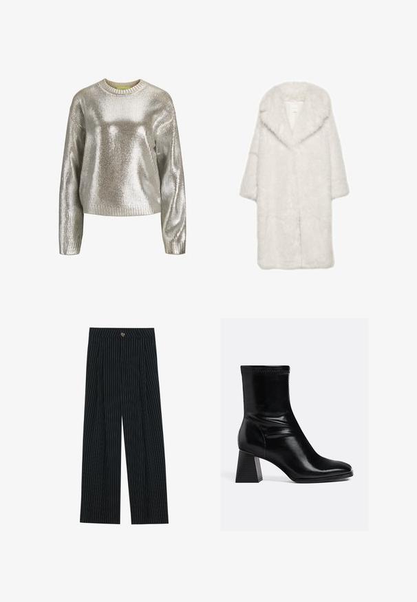 Beli plašč iz umetnega krzna z širokim ovratnikom, tremi četrtinami rokavov in mehkim, teksturiranim zaključkom. Ima raven kroj in odprto zasnovo spredaj.; Metalna srebrna pulover jopica z teksturirano pleteno zasnovo, krojenega izrezanega vratu in rebrastimi manšetami. Lahka in nekoliko prevelika kroja.; Črne široke hlače s črtastim vzorcem, izdelane iz teksturirane tkanine, z zapiranjem na gumb spredaj in pregibi za dodano zanimanje.; Črne usnjene gležnjarje z gladko površino, kvadratnim prstom in teksturiranim blokastim petami. Imajo elastičen dizajn pri gležnju in vidno šivanje.