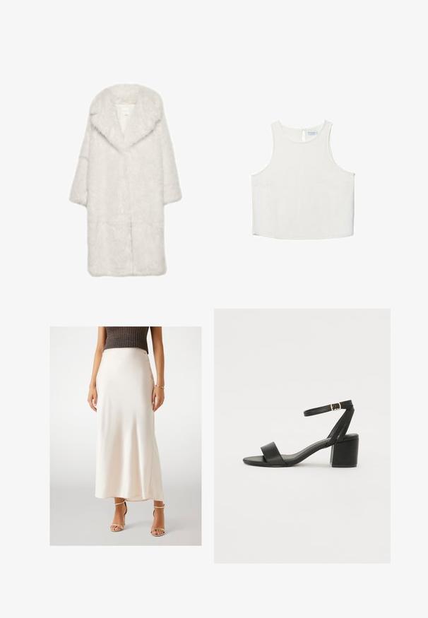 Bijeli kaput od umjetnog krzna sa širokim ovratnikom, rukavima do tri četvrtine te mekom, teksturiranom završnom obradom. Ima ravni kroj i otvoreni prednji dio.; Bijela bezrukavna majica s okruglim izrezom, koja ima suptilnu teksturu, detalj u obliku ključa na leđima i ravni rub.; Krem suknja od satena maxi s glatkom teksturom, koja se nosi u struku, s bočnim prorezom, u kombinaciji sa zlatnim sandalama na visoku petu s remenčićima.; Crne sandale na visoku petu s glatkim kožnim gornjim dijelom, otvorenom kapicom, širokim prednjim trakama i podesivim remenom oko gležnja s detaljem zlatne kopče.