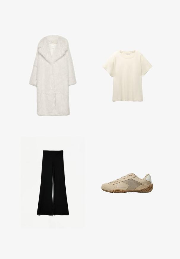 White faux fur coat with a wide collar, three-quarter sleeves, and a soft, textured finish. Features a straight cut and open front design.; Light beige short-sleeve t-shirt with a round neckline, made of soft, smooth fabric. Features a relaxed fit and straight hemline.; Black flared pants with a wide leg design, featuring a smooth texture and a high waistband. Made from stretchable fabric for comfort.; Beige athletic shoe featuring a suede and mesh upper, textured rubber sole, and flat laces. Smooth accents at the heel with a rounded toe design.