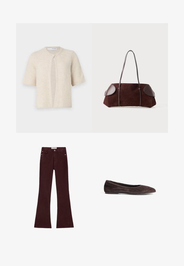 Chaqueta de ante marrón claro abotonada con mangas largas, un cuello y dos bolsillos de parche en la parte frontal, sobre un fondo blanco.; Cárdigan de manga corta en beige claro, con textura acanalada, diseño de abertura frontal y escote redondeado. Material suave, hardware mínimo.; Top blanco de manga corta con un patrón acanalado texturizado y un escote redondo. Fabricado en un material suave. Longitud corta.; Jeans de campana burdeos hechos de una mezcla de algodón, con cinco bolsillos, herrajes de metal y una textura suave. Diseño clásico con cremallera en la parte delantera.; Bailarina de ante marrón con punta afilada y perfil bajo. Presenta una textura suave y un diseño minimalista. Sin hardware visible ni acentos.; Bolsa de ante marrón con acentos de cuero, forma estructurada, doble strap para el hombro y bordes redondeados, con una textura suave y hardware minimal.