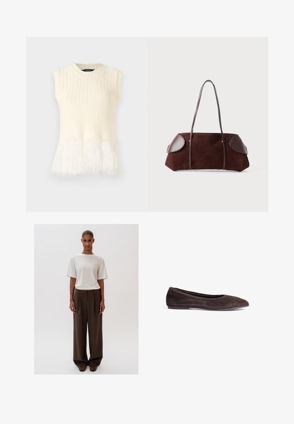 Light brown suede button-up jacket with long sleeves, a collar, and two front patch pockets, set against a white background.; Sleeveless knitted top in cream, featuring a textured body and a soft, fluffy hemline. The neckline is round with ribbed detailing.; Creamy white relaxed-fit t-shirt with short sleeves, paired with high-waisted, wide-leg brown trousers. Simple design, smooth textures.; Brown suede ballet flat with a pointed toe and low profile. Features smooth texture and minimalistic design. No visible hardware or accents.; Brown suede bag with leather accents, structured shape, dual shoulder straps, and rounded edges, featuring a smooth texture and minimal hardware.