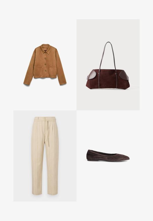Svetlo rjav suknjič iz semiša z gumbi, dolgimi rokavi, ovratnikom in dvema sprednjima žepoma, postavljen na belo ozadje.; Bela, majica s kratkimi rokavi z teksturiranim, rebrastim vzorcem in okroglo izrezom. Narejena iz mehke tkanine. Skrajšana dolžina.; Beige prugasti hlače s sproščenim krojem, ki imajo zategnjen pas, gumbasto zapiranje in vezalko, izdelane iz lahkotnega materiala.; Rjavi zamšasti baletni čevlji s koničastim prstom in nizkim profilom. Imajo gladko teksturo in minimalističen dizajn. Brez vidnih kovinskih delov ali okraskov.; Rjave nubuk torba z usnjenimi dodatki, strukturirane oblike, dvojni naramnice in zaobljeni robovi, z gladko teksturo in minimalnimi kovinskimi elementi.