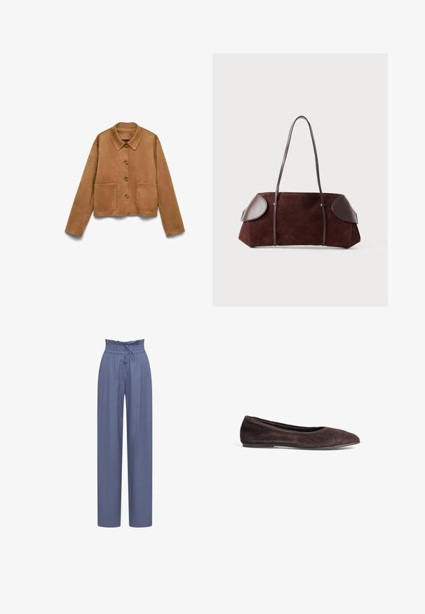 Kerge pruuni suede'ist nööpidega jakk, millel on pikad varrukad, krae ja kaks esist nurgapoolset taskut, valge tausta ees.; Valge lühikeste varrukate ja tekstuurse soonikkoesega särk ümmarguse kaelusega. Valmistatud pehmest materjalist. Lühike pikkus.; Kerged, kõrge vöökoht, sinised püksid, millel on paeltega vöökoht, laiad sääred ja pehme, tekstuuriga kangas.; Pruun suede ballett-kingad terava ninaga ja madala profiiliga. Omab siledat tekstuuri ja minimalismi disaini. Ei sisalda nähtavat riistvara ega aktsente.; Pruun suede kott nahkakattega, struktureeritud kuju, kahe õlapaelaga ja ümarate servadega, millel on sile tekstuur ja minimaalne riistvara.
