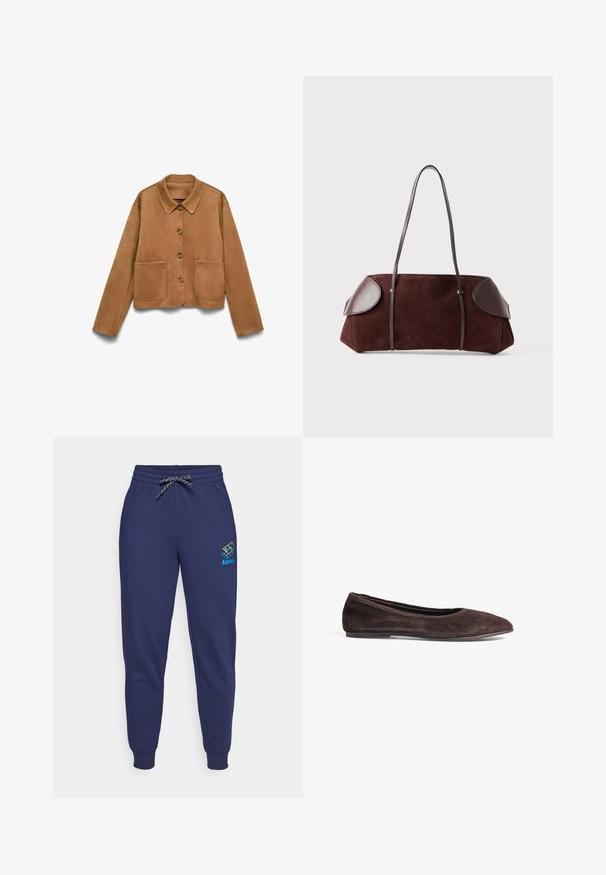 Hellbraune Wildlederjacke mit Knopfleiste, langen Ärmeln, Kragen und zwei aufgenähten Taschen vorne, vor einem weißen Hintergrund.; Weißes, kurzärmliges Oberteil mit strukturiertem, geripptem Muster und rundem Halsausschnitt. Aus weichem Material gefertigt. Kürzere Länge.; Dunkelblaue Jogginghose mit Kordelzugbund und Bündchen an den Knöcheln. Mit einem lebhaften Lotto-Logo auf dem linken Oberschenkel. Aus weichem Stoff gefertigt.; Braune Wildleder-Ballerinas mit spitzem Absatz und niedrigem Profil. Verfügt über eine glatte Textur und ein minimalistisches Design. Keine sichtbaren Beschläge oder Akzente.; Braune Wildledertasche mit Lederakzenten, strukturiertem Design, doppelten Schulterriemen und abgerundeten Kanten, ausgestattet mit einer glatten Textur und minimalem Hardware.