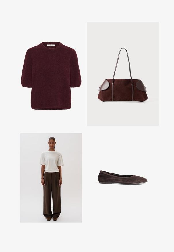Jasnobrązowa zamszowa kurtka na guziki z długimi rękawami, kołnierzem i dwiema zaszewkowanymi kieszeniami z przodu, na białym tle.; Krótki rękaw, ciemnoczerwony puszysty sweter z okrągłym dekoltem, wyprodukowany przez Gestuz, zaprezentowany na białym tle.; Kremowa, luźno dopasowana koszulka z krótkim rękawem, połączona z wysokim stanem, szerokimi brązowymi spodniami. Prosty design, gładkie tekstury.; Brązowe zamszowe baleriny z wąskim czubkiem i niskim profilem. Charakteryzują się gładką fakturą i minimalistycznym wzornictwem. Brak widocznych elementów metalowych lub dekoracji.; Brązowa torba z zamszu z skórzanymi akcentami, o ustrukturalizowanym kształcie, z podwójnymi ramiączkami i zaokrąglonymi krawędziami, charakteryzująca się gładką fakturą i minimalną ilością elementów metalowych.