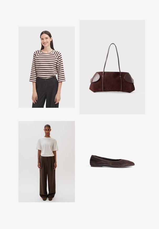 Giacca button-up in suede marrone chiaro con maniche lunghe, colletto e due tasche frontali a toppa, su sfondo bianco.; Maglietta a maniche lunghe a righe in crema con righe bordeaux; presenta un collo rotondo e maniche raglan. Abbinata a pantaloni scuri a vita alta.; T-shirt bianco cremoso a vestibilità rilassata con maniche corte, abbinato a pantaloni brown a vita alta e gamba larga. Design semplice, texture morbide.; Ballerine in suede marrone con punta affusolata e profilo basso. Presenta una texture liscia e un design minimalista. Nessun hardware o accenti visibili.; Borsa in suede marrone con dettagli in pelle, forma strutturata, doppi manici a spalla e bordi arrotondati, caratterizzata da una texture liscia e hardware minimal.