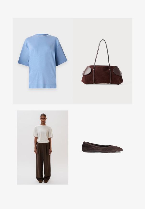 Giacca button-up in suede marrone chiaro con maniche lunghe, colletto e due tasche frontali a toppa, su sfondo bianco.; T-shirt di cotone azzurro chiaro con collo rotondo, maniche corte e vestibilità comoda. Caratterizzato da una texture liscia e un orlo dritto.; T-shirt bianco cremoso a vestibilità rilassata con maniche corte, abbinato a pantaloni brown a vita alta e gamba larga. Design semplice, texture morbide.; Ballerine in suede marrone con punta affusolata e profilo basso. Presenta una texture liscia e un design minimalista. Nessun hardware o accenti visibili.; Borsa in suede marrone con dettagli in pelle, forma strutturata, doppi manici a spalla e bordi arrotondati, caratterizzata da una texture liscia e hardware minimal.