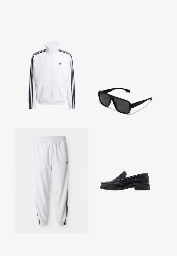 Witte zip-up jas met hoge kraag, voorzien van zwarte driekleurige accenten op de mouwen en een klein zwart adidas-logo op de borst.; Zwarte hoodie met een voorzak, losse pasvorm, ribgebreide manchetten en zoom. Gemaakt van dikke stof, met trekkoorden in de capuchon.; Witte sportbroek met zwarte zijstrepen, elastische tailleband en boorden; heeft het Adidas-logo op de linkerdij. Glad stoffen structuur.; Zwarte leren instappers met een gladde afwerking, gestikte details op de neus en een lage hakontwerp voor comfort en stijl.; Hawkers PARLAY - Zonnebril - black