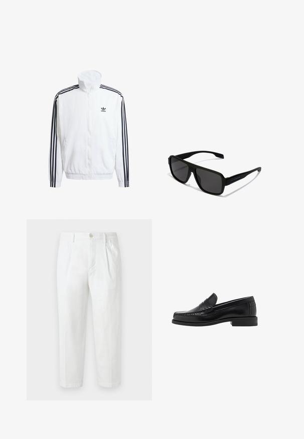 Bela zip-up jakna z visokim ovratnikom, ki ima črne tri-ravne akcentne na rokavih in majhen črn adidas logotip na prsih.; Črna kapuca z žepom na sprednji strani, ohlapen kroj, ribanimi manšetami in robom. Narejena iz gostega blaga, z vrvicami na kapuci.; Bela bombažna hlače s ravnim krojem, ki imajo gumb s zapiranjem, nabran sprednji del in zavihane robove. Gladka tekstura brez vidnih vzorcev.; Črne usnjene loafer čevlje z gladko površino, šivani detajli na prstu in nizka peta za udobje in stil.; Hawkers PARLAY - Sončna očala - black
