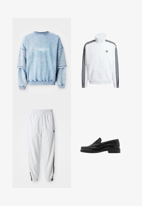 Giacca bianca con zip e collo alto, con accenti neri a tre strisce sulle maniche e piccolo logo adidas nero sul petto.; Felpa in cotone blu con spalle scese, collo a costine e dettagli ricamati. Presenta una vestibilità rilassata e un tessuto testurizzato.; Pantaloni sportivi bianchi con strisce nere sui lati, vita elasticizzata e polsini; presenta il logo Adidas sulla coscia sinistra. Texture del tessuto liscia.; Mocassini in pelle nera con una finitura liscia, dettagli cuciti sulla punta e un design a tacco basso per comfort e stile.