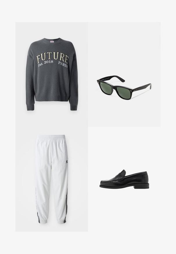 Bijela jakna sa zipom i visokim okovratnikom, s crnim trakama u tri reda na rukavima i malim crnim adidas logom na prsima.; Tamno sivi pleteni pulover s rebrastim manžetama i donjim rubom, na prsima s bež i bijelim vezom ispisano "FUTURE Est. 2018 PARIS".; Bijele atletske hlače s crnim bočnim trakama, elastičnim pojasom i manžetama; sadrže Adidas logo na lijevom butu. Glatka tekstura tkanine.; Crne kožne mokasine s glatkom površinom, šivenim detaljima na prstu i dizajnom niskog potplata za udobnost i stil.; Crne plastične sunčane naočale s zelenim staklima, kvadratni okviri, srebrni naglasak na obrvi i teksturirane ručke. Naziv brenda naveden na unutrašnjoj strani ručke.