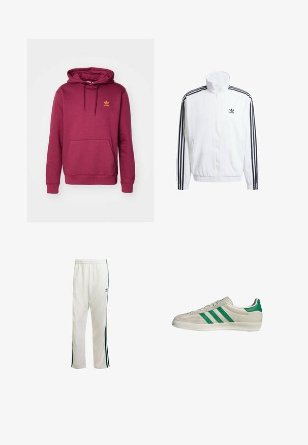 Giacca bianca con zip e collo alto, con accenti neri a tre strisce sulle maniche e piccolo logo adidas nero sul petto.; Felpa capo marnò realizzata in tessuto morbido, con tasca frontale, cappuccio con cordino e un piccolo logo arancione Adidas sul petto.; Pantaloni da ginnastica bianchi con strisce verdi sui lati, cintura elastica e un logo sulla parte superiore sinistra. Realizzati in tessuto leggero.; Sneaker beige con strisce verdi, con suola bianca e tomaia in pelle liscia. Vista laterale che evidenzia i dettagli dei lacci e il logo.