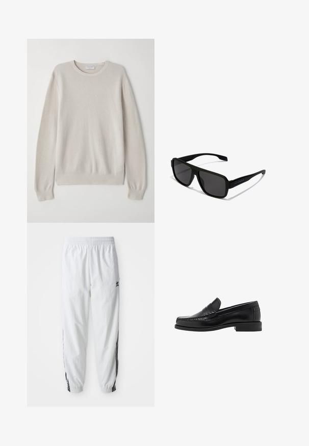 Biela zapínacia bunda s vysokým golierom, s čiernymi trojpruhovými akcentmi na rukávoch a malým čiernym logom adidas na hrudi.; Svetlo béžový sveter vyrobený z jemnej pleteniny. Hladký okrúhly výstrih, dlhé rukávy, rebrované manžety a lem s jemným textúrovým detailom.; Biele športové nohavice s čiernymi bočnými pruhmi, elastickým pásom a manžetami; na ľavom stehne je logo Adidas. Hladká textúra látky.; Čierne kožené loafers s hladkým povrchom, prešívané detaily na špičke a nízky dizajn podpätku pre pohodlie a štýl.; Hawkers PARLAY - Slnečné okuliare - black