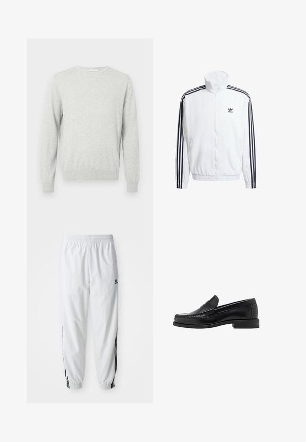 White zip-up jacket with high collar, featuring black three-stripe accents on sleeves and a small black adidas logo on the chest.; Light grey long-sleeve crewneck sweater with ribbed cuffs and hem, displayed on a plain background.; White athletic pants with black side stripes, elastic waistband, and cuffs; features Adidas logo on the left thigh. Smooth fabric texture.; Black leather loafers with a smooth finish, stitched detailing on the toe, and a low heel design for comfort and style.