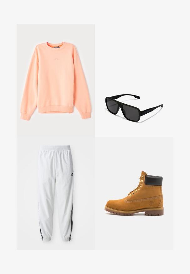 Bílá bundová mikina na zip s vysokým límečkem, která má černé třípruhé akcenty na rukávech a malé černé logo adidas na hrudi.; Hlava peach mikina s ribovanými manžetami a spodním lemem, s kulatým výstřihem a decentním logem vyšitým na hrudi. Měkká tkanina z bavlněné směsi.; Bílé sportovní kalhoty s černými bočními pruhy, elastickým pasem a manžetami; na levém stehně je logo Adidas. Hladká textilie.; Hnědé semišové kotníkové boty s černým polstrovaným límcem, zlatými kovovými očky, bílým prošíváním a odolnou gumovou podrážkou s výraznými drážkami.; Hawkers PARLAY - Sluneční brýle - black