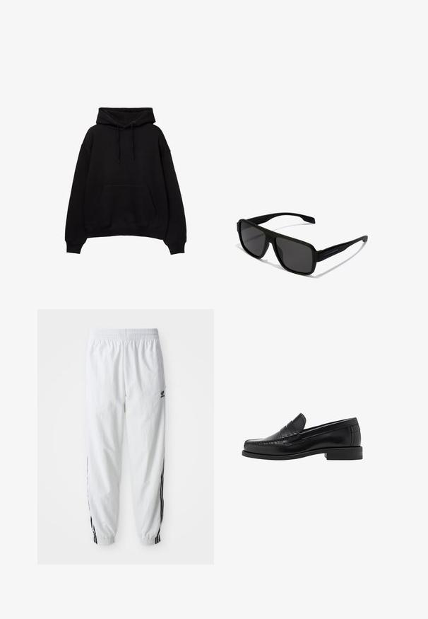 Giacca bianca con zip e collo alto, con accenti neri a tre strisce sulle maniche e piccolo logo adidas nero sul petto.; Felpa nera con cappuccio, tasca frontale, vestibilità ampia, polsini e orlo a costine. Realizzata in tessuto spesso, con lacci sul cappuccio.; Pantaloni sportivi bianchi con strisce nere sui lati, vita elasticizzata e polsini; presenta il logo Adidas sulla coscia sinistra. Texture del tessuto liscia.; Mocassini in pelle nera con una finitura liscia, dettagli cuciti sulla punta e un design a tacco basso per comfort e stile.; Hawkers PARLAY - Occhiali da sole - black