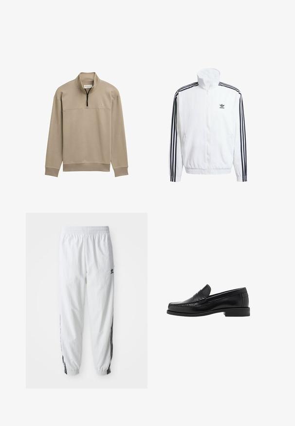 Biela zapínacia bunda s vysokým golierom, s čiernymi trojpruhovými akcentmi na rukávoch a malým čiernym logom adidas na hrudi.; Béžový fleecový pulóver s polovičným zipsom, rebrovanými manžetami a lemom a panelom na hrudi. Má jemné logo na ľavej strane.; Biele športové nohavice s čiernymi bočnými pruhmi, elastickým pásom a manžetami; na ľavom stehne je logo Adidas. Hladká textúra látky.; Čierne kožené loafers s hladkým povrchom, prešívané detaily na špičke a nízky dizajn podpätku pre pohodlie a štýl.