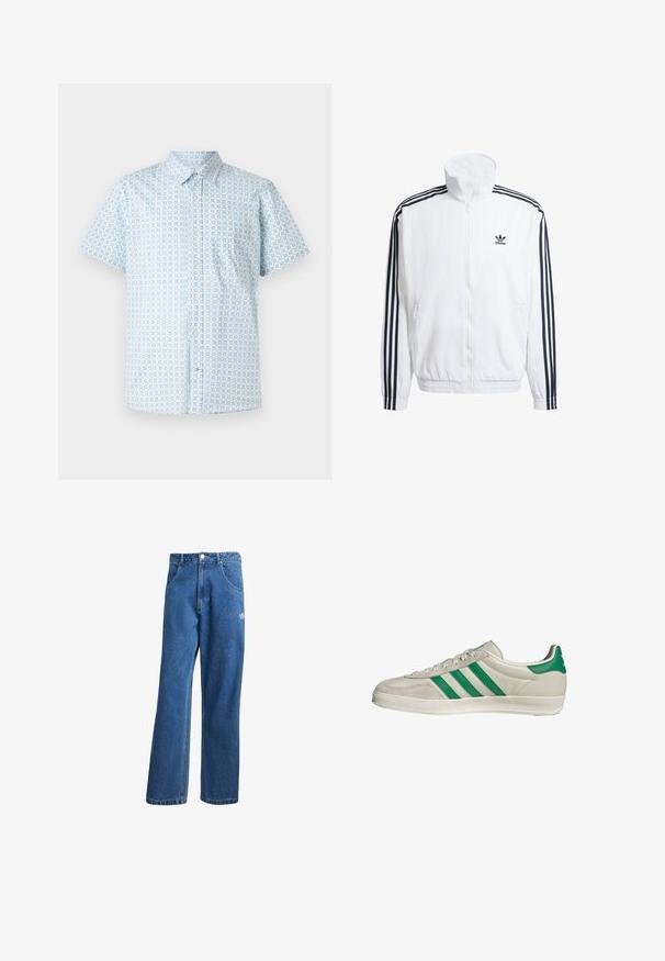 Witte zip-up jas met hoge kraag, voorzien van zwarte driekleurige accenten op de mouwen en een klein zwart adidas-logo op de borst.; Korte mouwen knoopshirt in lichtblauw met een vierkant patroon. Gemaakt van een stof met een zachte textuur en een enkele borstzak.; Blauwe hoge taille wijde spijkerbroek met voorzakken, riemlussen, knoopsluiting en klein Adidas-logo op de rechterdij.; Beige sneaker met groene strepen, voorzien van een witte zool en een bovenkant van glad leer. Zijaanzicht dat de veters en het logo benadrukt.