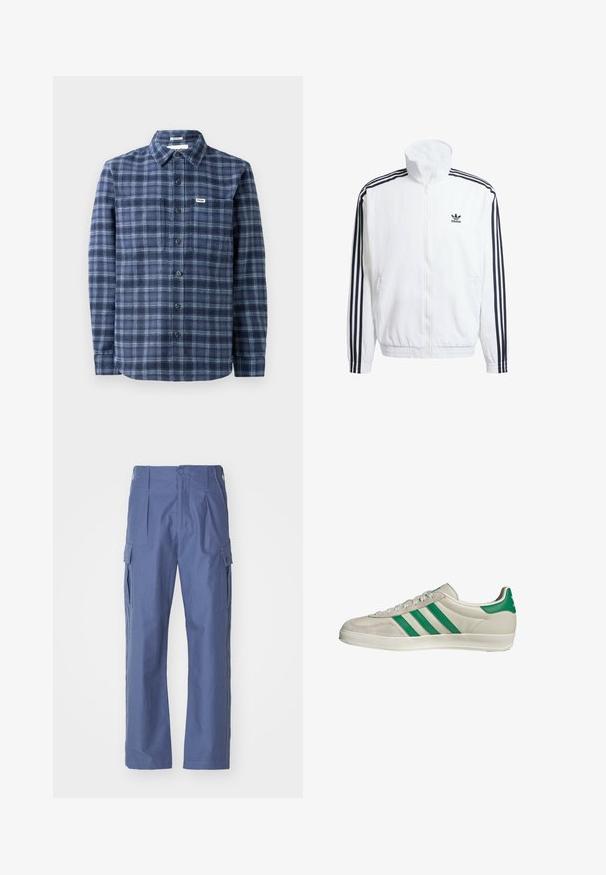 Witte zip-up jas met hoge kraag, voorzien van zwarte driekleurige accenten op de mouwen en een klein zwart adidas-logo op de borst.; Marineblauwe geruite overhemden, gemaakt van geweven stof, met een klassieke kraag, lange mouwen en manchetten met drie knopen.; Blauwe cargobroek gemaakt van gestructureerde stof, met zijzakken, een knoopsluiting en een rechte pasvorm.; Beige sneaker met groene strepen, voorzien van een witte zool en een bovenkant van glad leer. Zijaanzicht dat de veters en het logo benadrukt.