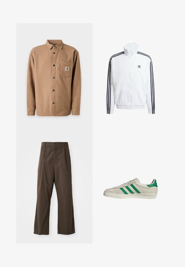 Witte zip-up jas met hoge kraag, voorzien van zwarte driekleurige accenten op de mouwen en een klein zwart adidas-logo op de borst.; Bruine flanellen overhemd met een knoopsluiting, lange mouwen, een enkel borstzakje met logo patch, en zwarte knopen. Zachte textuur.; Bruine, wijde broek van katoen met een knoopsluiting aan de voorkant, ceintuurlussen en een gladde, matte textuur.; Beige sneaker met groene strepen, voorzien van een witte zool en een bovenkant van glad leer. Zijaanzicht dat de veters en het logo benadrukt.
