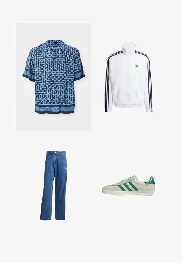 Giacca bianca con zip e collo alto, con accenti neri a tre strisce sulle maniche e piccolo logo adidas nero sul petto.; Camicetta a maniche corte con bottoni in blu e navy, caratterizzata da un motivo geometrico. Realizzata in tessuto leggero con una vestibilità comoda e colletto piatto.; Jeans di denim a vita alta e gamba larga blu, con tasche frontali, passanti per cintura, chiusura a bottone e piccolo logo Adidas sulla coscia destra.; Sneaker beige con strisce verdi, con suola bianca e tomaia in pelle liscia. Vista laterale che evidenzia i dettagli dei lacci e il logo.