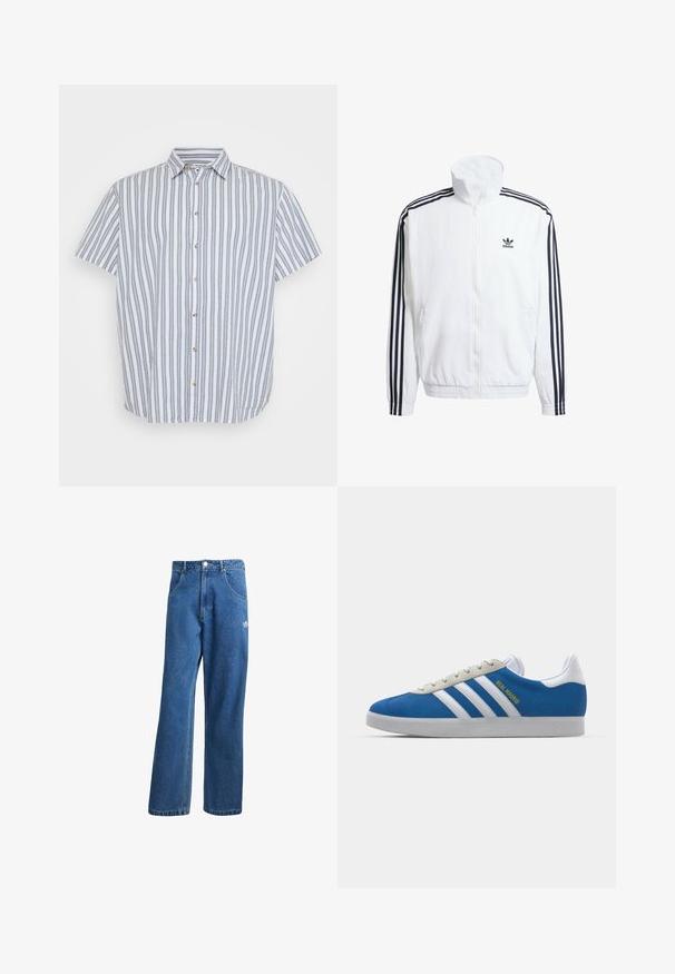 White zip-up jacket with high collar, featuring black three-stripe accents on sleeves and a small black adidas logo on the chest.; Short-sleeve button-up shirt in white with blue vertical stripes. Features a classic collar and wooden buttons down the front.; Blue high-waist wide-leg denim jeans with front pockets, belt loops, button closure, and small Adidas logo on the right thigh.; adidas Originals ADIDAS GAZELLE SHOES - Indoor football boots - real madrid/bluebird/footwear white/crew yellow