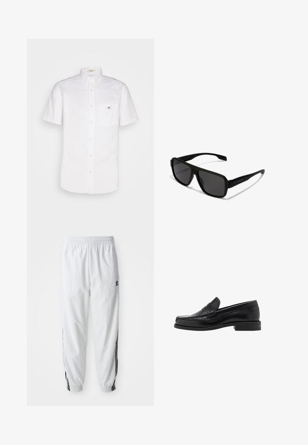 Biała kurtka z zamkiem na całej długości i wysokim kołnierzem, z czarnymi, trzema pasami na rękawach oraz małym czarnym logo adidas na piersi.; Biała koszula zapinana na guziki z krótkim rękawem, wykonana z bawełny, z kieszenią na piersi oraz małym logo na kieszeni. Teksturowany, czysty design.; Białe spodenki sportowe z czarnymi paskami bocznymi, elastycznym pasem i mankietami; posiadają logo Adidasa na lewej udzie. Gładka tekstura materiału.; Czarne skórzane mokasyny o gładkim wykończeniu, ze stębnowaniem na nosie i niskim obcasem, zapewniającymi komfort i styl.; Hawkers PARLAY UNISEX czarny