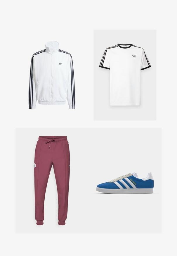 Bela zip-up jakna z visokim ovratnikom, ki ima črne tri-ravne akcentne na rokavih in majhen črn adidas logotip na prsih.; Bela bombažna majica s črnimi rebrastimi ovratnikom in rokavi, ki ima na vsaki rami tri črne črte in majhen logotip na prsih.; adidas Originals AJAX ICON TRACK PANT - Klubska moštva - victory crimson; adidas Originals ADIDAS GAZELLE SHOES - Dvoranske nogometne kopačke - real madrid/bluebird/footwear white/crew yellow