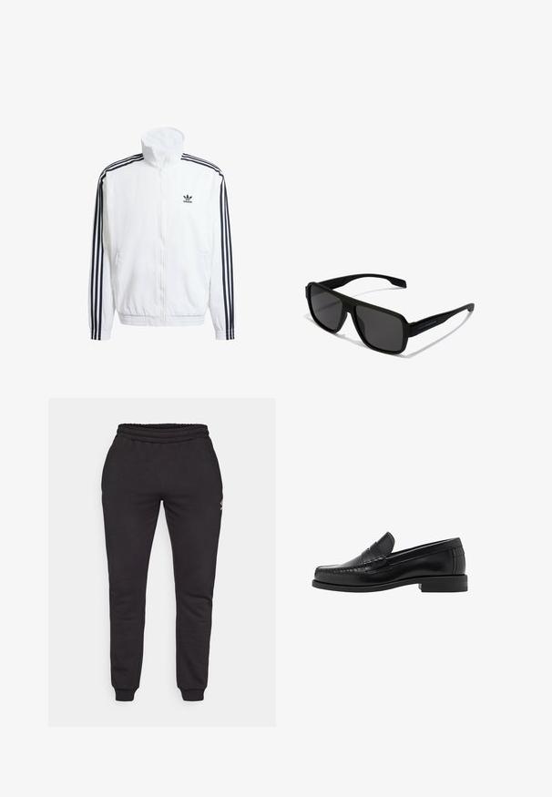 Biała kurtka z zamkiem na całej długości i wysokim kołnierzem, z czarnymi, trzema pasami na rękawach oraz małym czarnym logo adidas na piersi.; Czarny T-shirt z krótkim rękawem i okrągłym dekoltem, wykonany z gładkiego, elastycznego materiału. Fason jest dopasowany, zaprojektowany tak, aby przylegał do ciała.; Czarne dresy wykonane z miękkiej bawełny, z elastycznym pasem, zwężanymi nogawkami i małym logo po lewej stronie.; Czarne skórzane mokasyny o gładkim wykończeniu, ze stębnowaniem na nosie i niskim obcasem, zapewniającymi komfort i styl.; Hawkers PARLAY UNISEX czarny