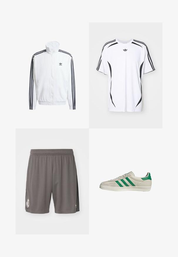 Weißer Zip-Up-Jacke mit hohem Kragen, ausgestattet mit schwarzen Drei-Streifen-Akzenten an den Ärmeln und einem kleinen schwarzen adidas-Logo auf der Brust.; Weißes Kurzarm-T-Shirt mit schwarzen seitlichen Akzenten und drei schwarzen Streifen auf den Schultern. Enthält ein kleines schwarzes Logo auf der Brust.; adidas Performance REAL MADRID 3RD SHORT - Vereinsmannschaften - charcoal; Beige Sneaker mit grünen Streifen, ausgestattet mit einer weißen Sohle und einem Obermaterial aus glattem Leder. Seitenansicht, die die Schnürdetails und das Logo hervorhebt.