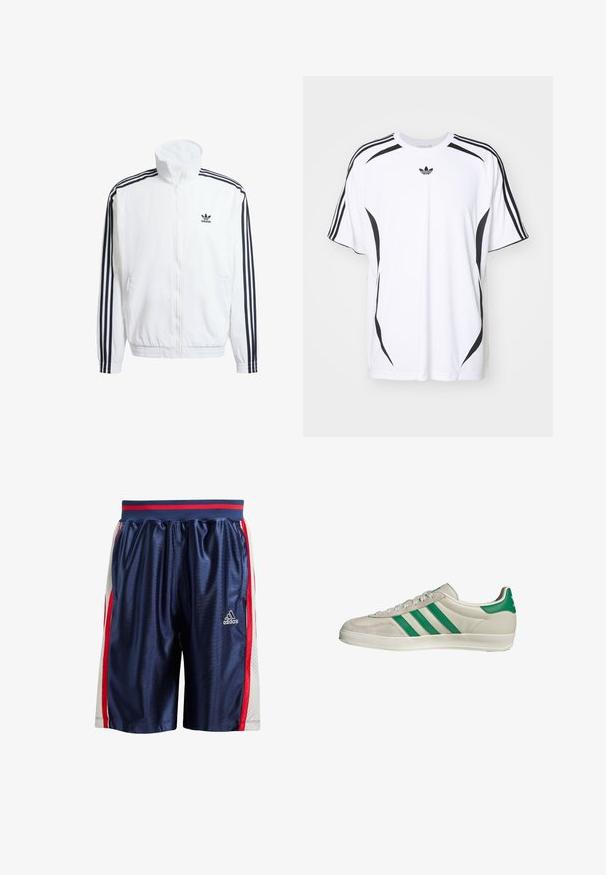 Veste blanche zippée avec col montant, ornée de accents noirs à trois rayures sur les manches et d'un petit logo adidas noir sur la poitrine.; T-shirt blanc à manches courtes avec des accents noirs sur les côtés et trois rayures noires sur les épaules. Comprend un petit logo noir sur la poitrine.; Shorts de sport bleus avec une finition brillante. Présence de rayures latérales rouges et blanches et de panneaux en mesh aérés. Taille élastique avec des accents rouges.; Baskets beiges avec des rayures vertes, dotées d'une semelle blanche et d'un dessus en cuir lisse. Vue de côté mettant en valeur les détails des lacets et le logo.